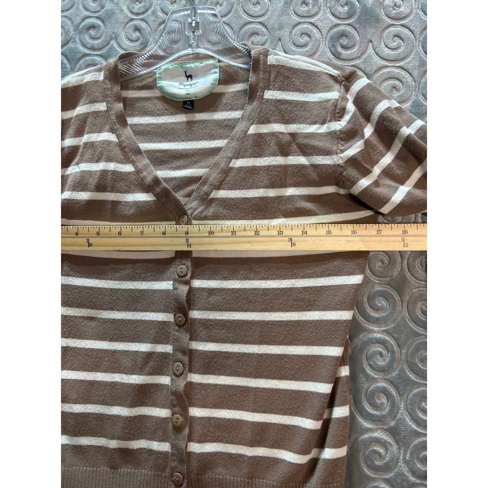 Papaya Womens Striped V Neck Button Cardigan Sweater Brown White Size M - Picture 4 of 5